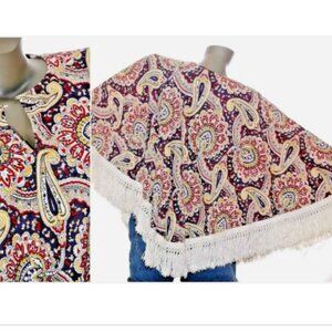 Vintage 70s Paisley PONCHO Fringe Cape Top Funky Shirt Boho Hippie Festival OSFM